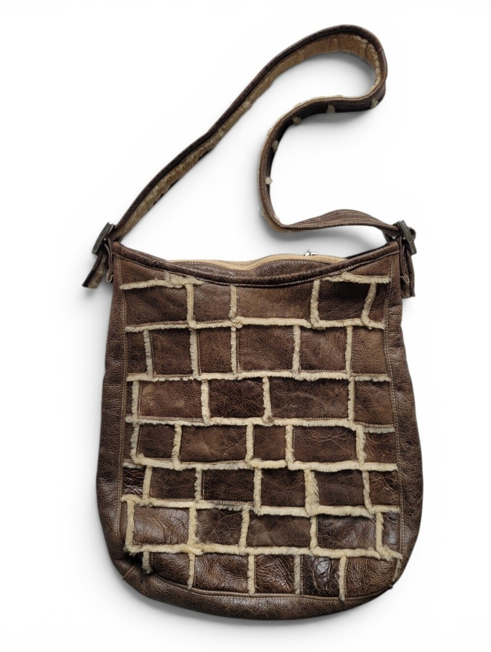 Boho Shearling Patchwork Leather Shoulder Bag Large Brown Cream Artisanal